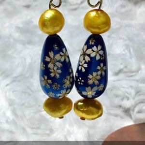 Chinese Porcelain Bead Earrings Blue Yellow